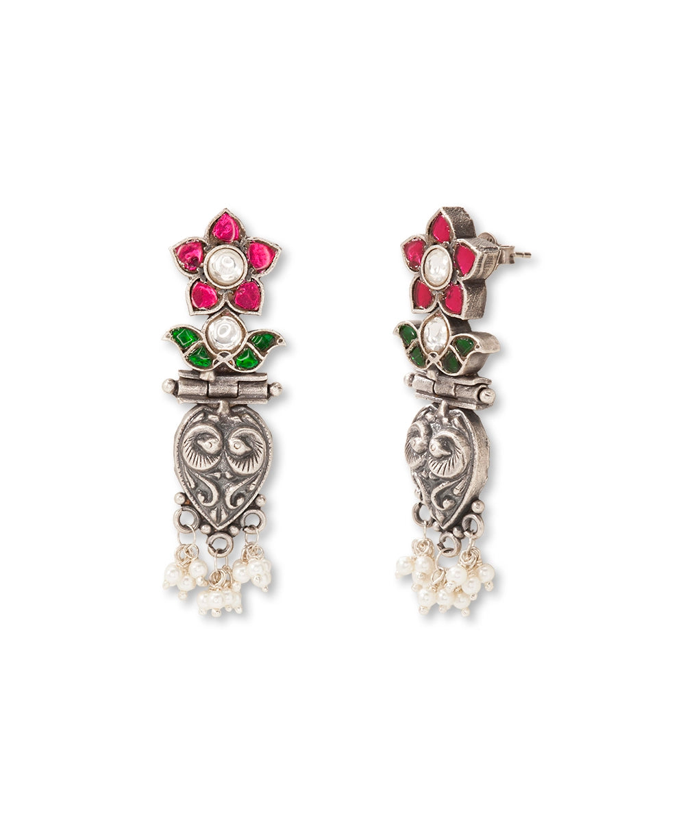 Silver Statement Pink Kundan Tribal Danglers