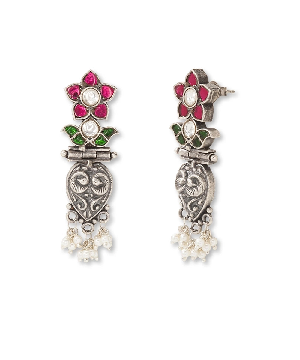 Silver Statement Pink Kundan Tribal Danglers