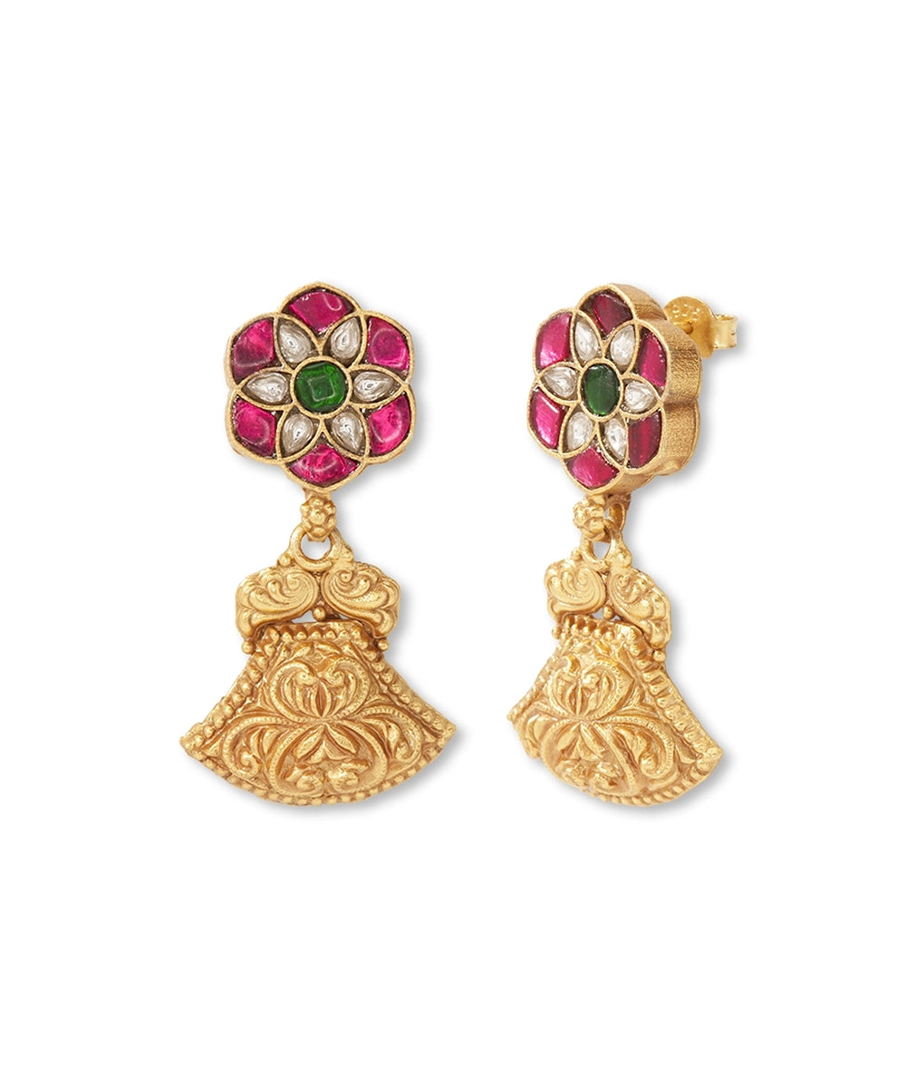 Silver Statement Danglers with Intricate Kundan Flower