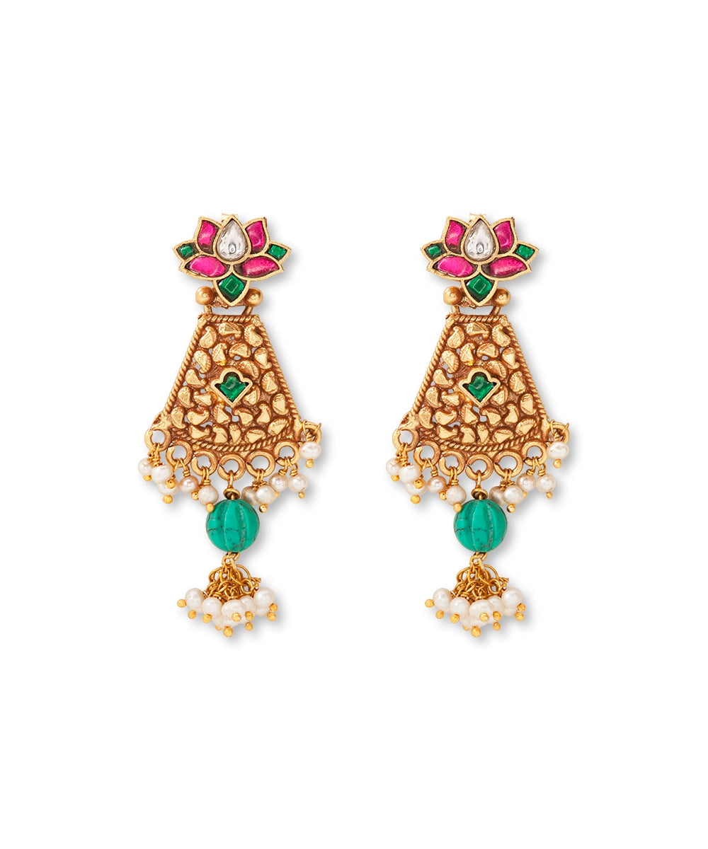 Silver Pink/Turquoise Rajwadi Style Lotus Earrings