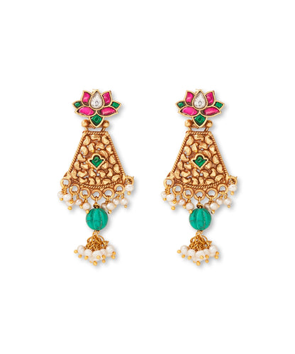 Silver Pink/Turquoise Rajwadi Style Lotus Earrings