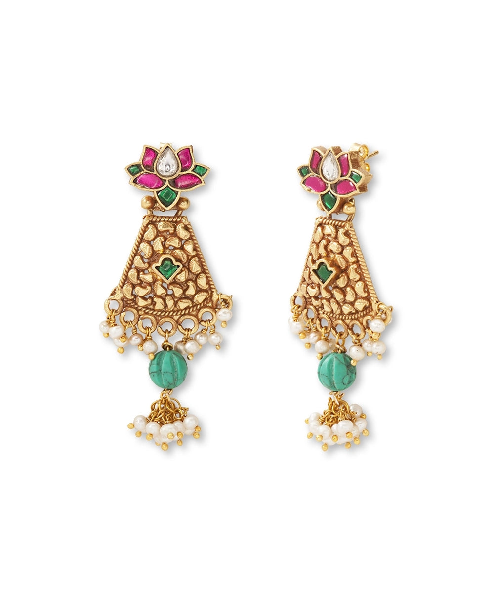 Silver Pink/Turquoise Rajwadi Style Lotus Earrings