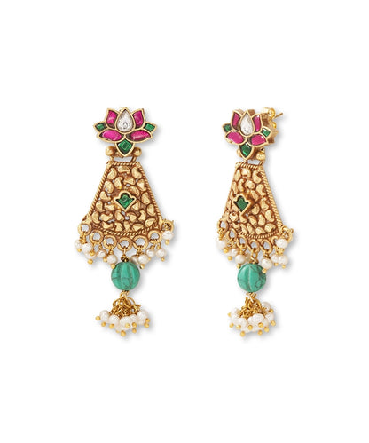 Silver Pink/Turquoise Rajwadi Style Lotus Earrings