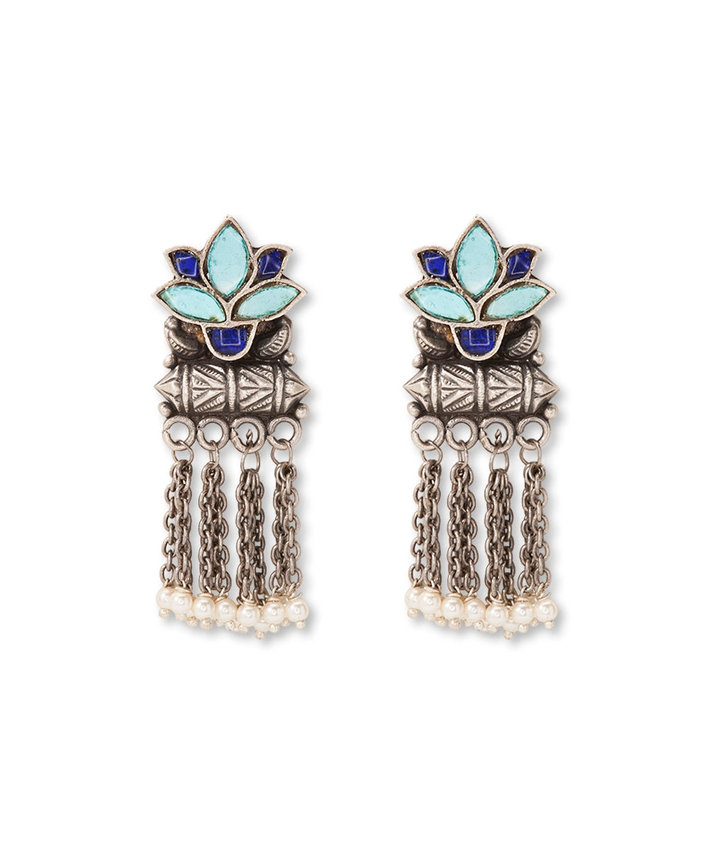 Silver Antique Blue Lotus Chain Earrings