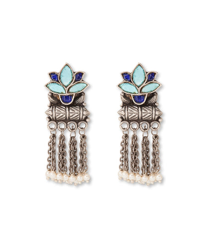 Silver Antique Blue Lotus Chain Earrings