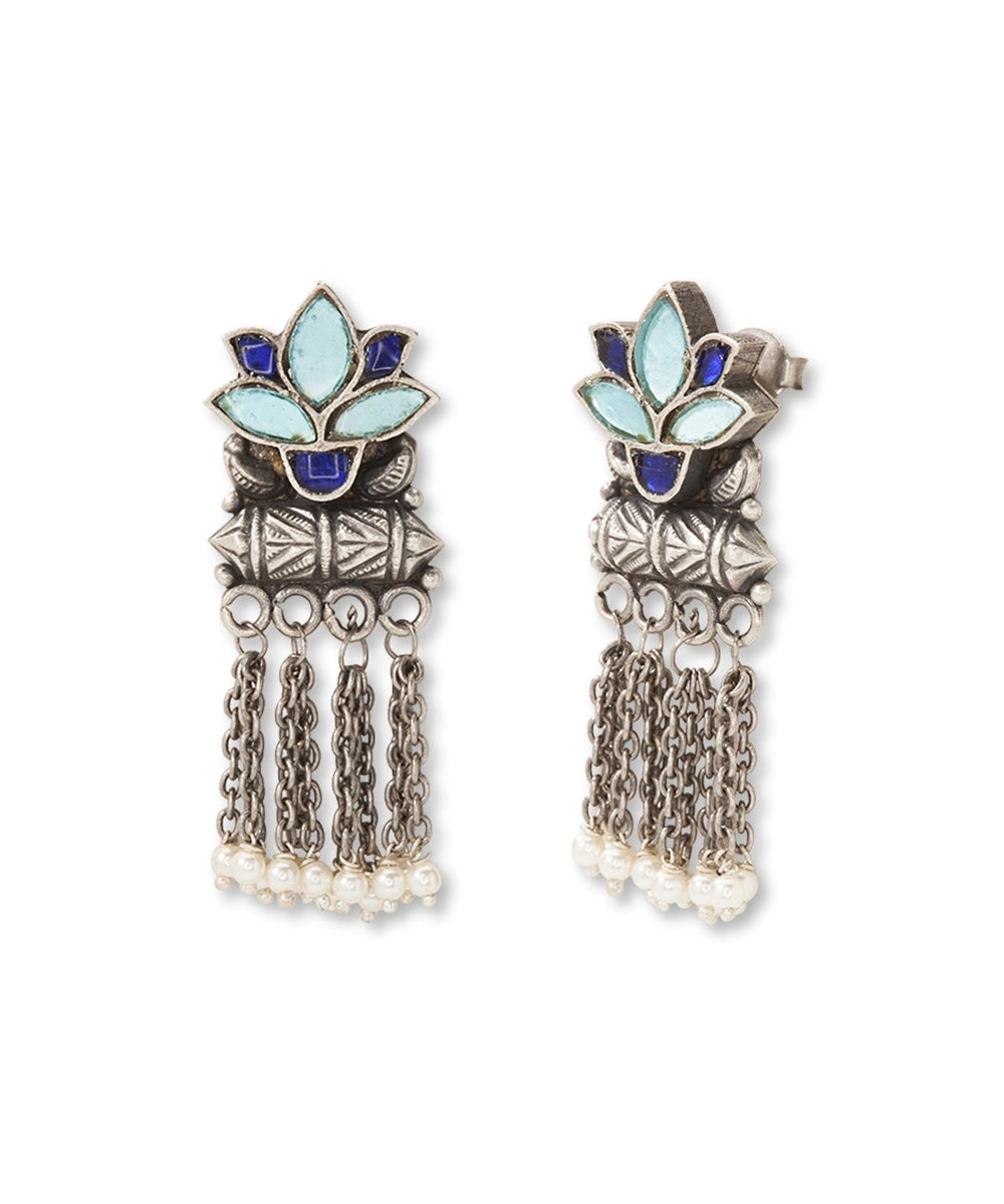 Silver Antique Blue Lotus Chain Earrings