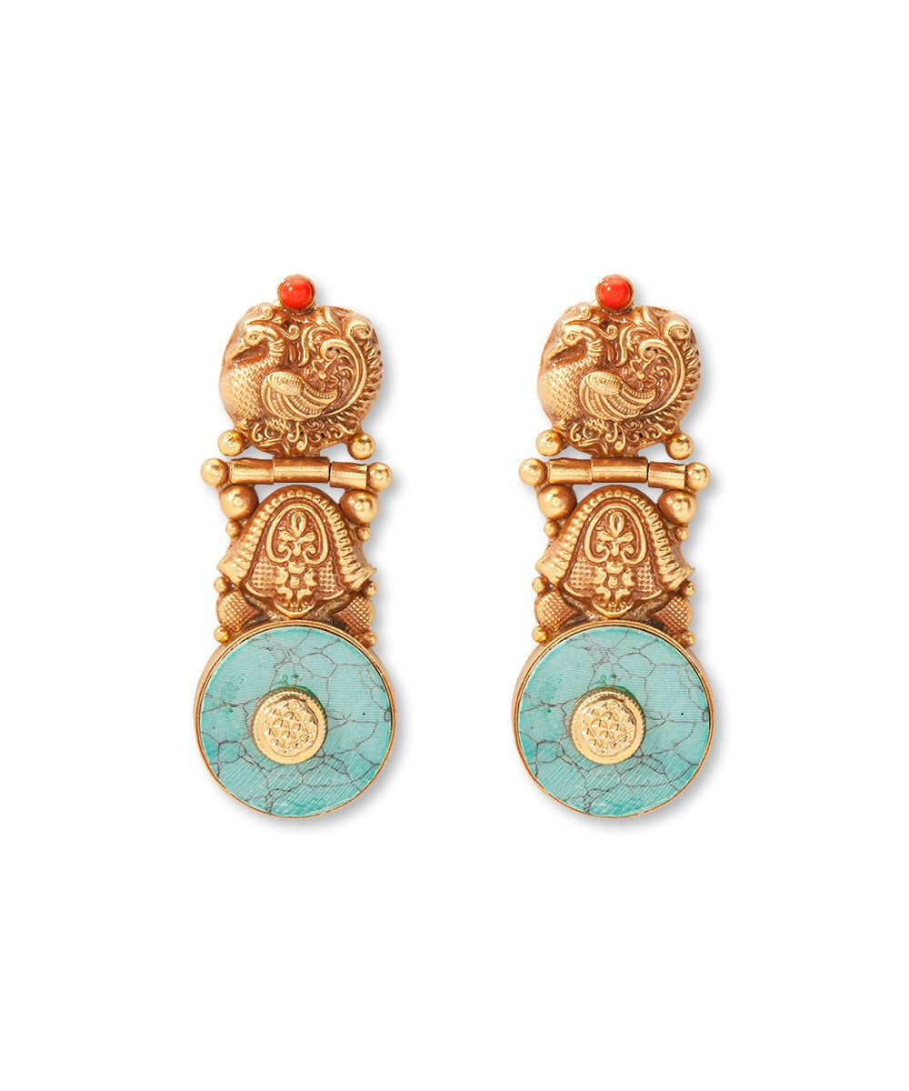 Silver Antique Gold Finish Turquoise Danglers
