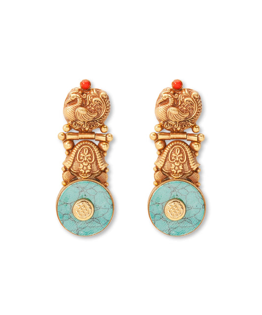 Silver Antique Gold Finish Turquoise Danglers