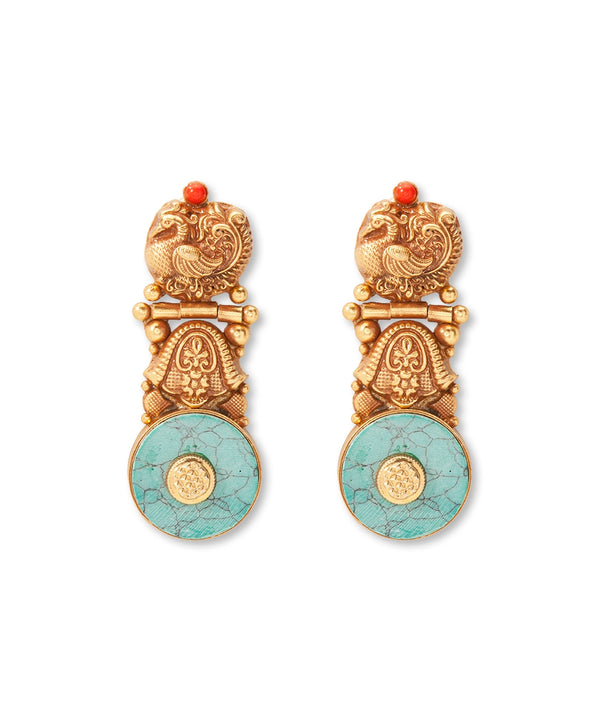 Silver Antique Gold Finish Turquoise Danglers