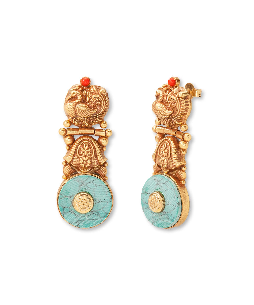 Silver Antique Gold Finish Turquoise Danglers