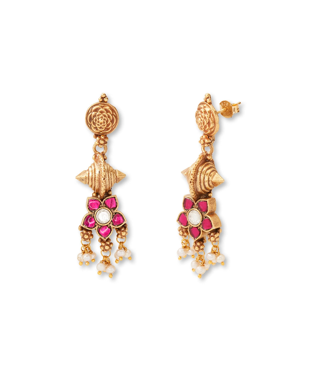 Silver Matte Gold Finish Danglers with Temple Drop