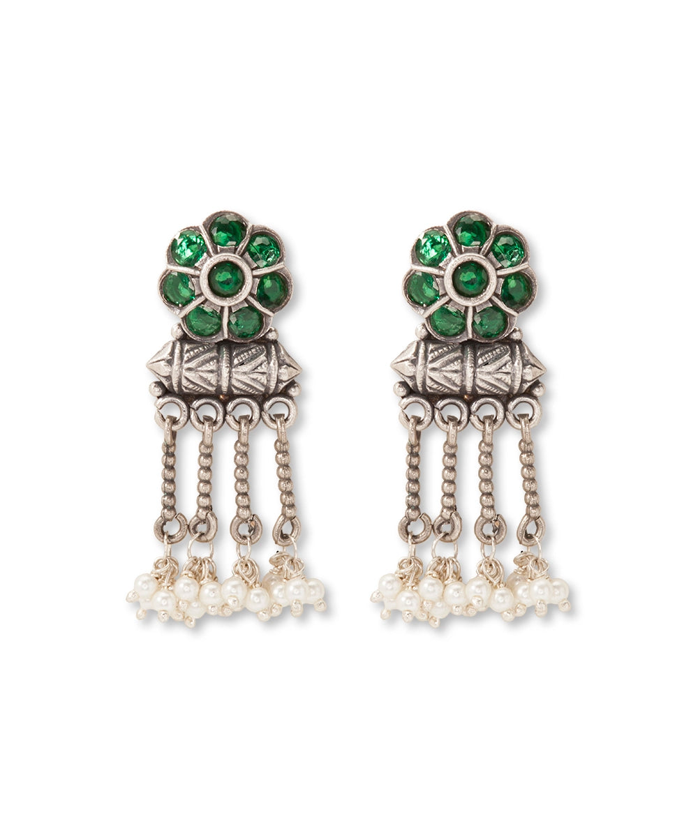 Silver Antique Green Floral Chain Earrings