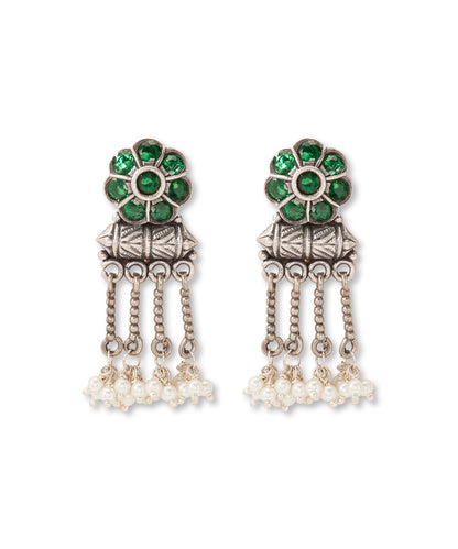 Silver Antique Green Floral Chain Earrings