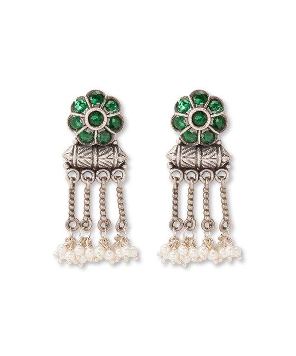 Silver Antique Green Floral Chain Earrings