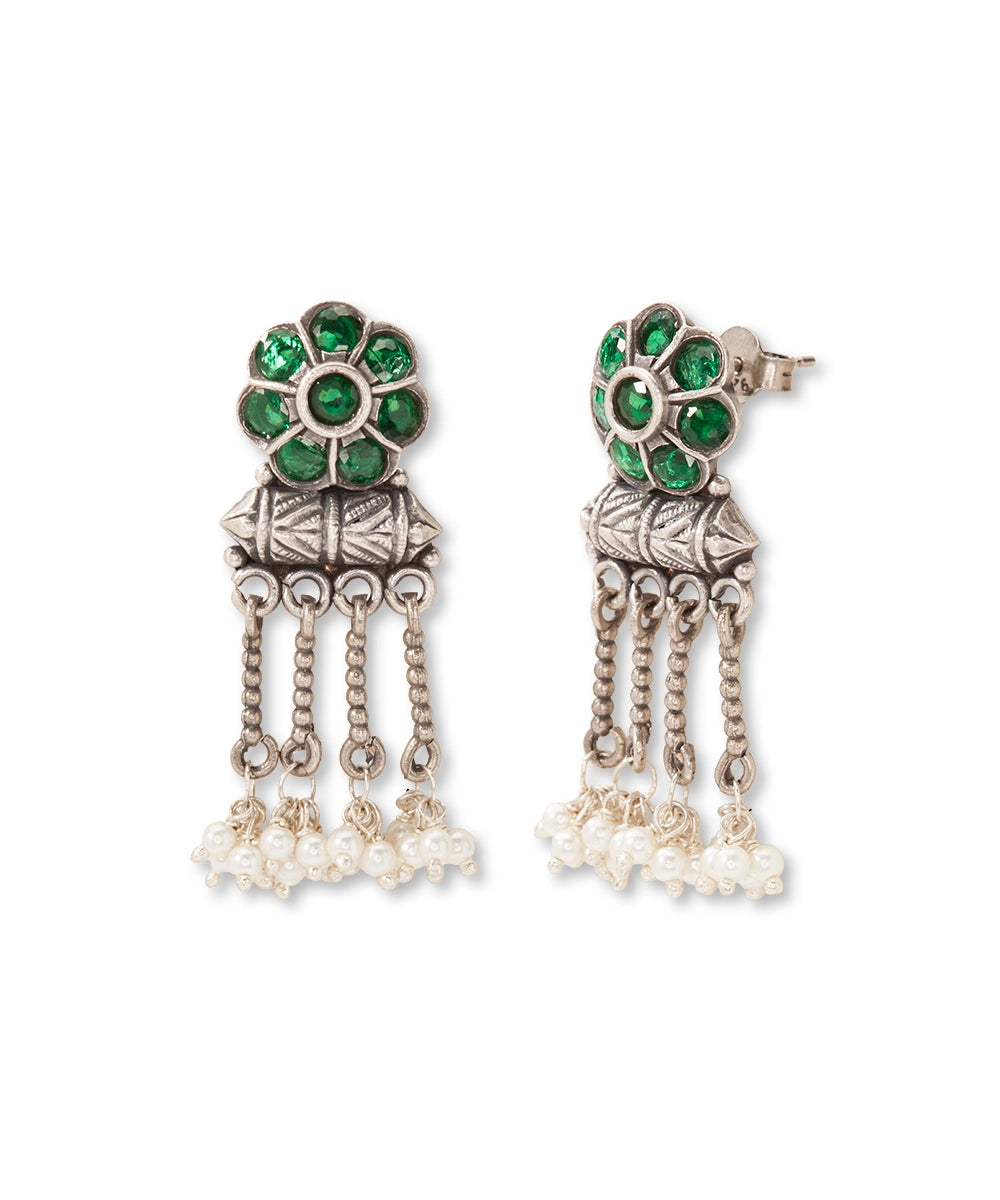 Silver Antique Green Floral Chain Earrings