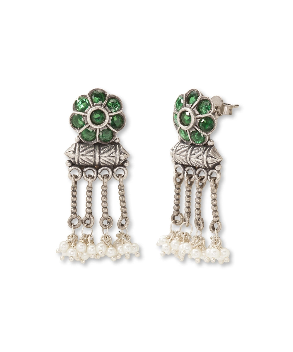 Silver Antique Green Floral Chain Earrings