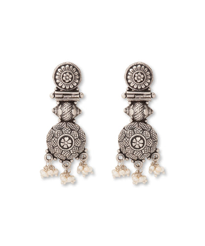 Silver Bohemian Statement Earrings with Pearl Fringe