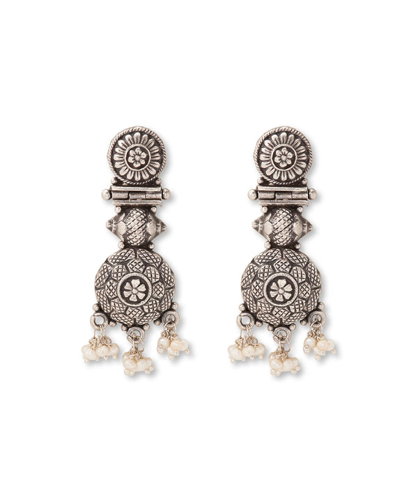 Silver Bohemian Statement Earrings with Pearl Fringe