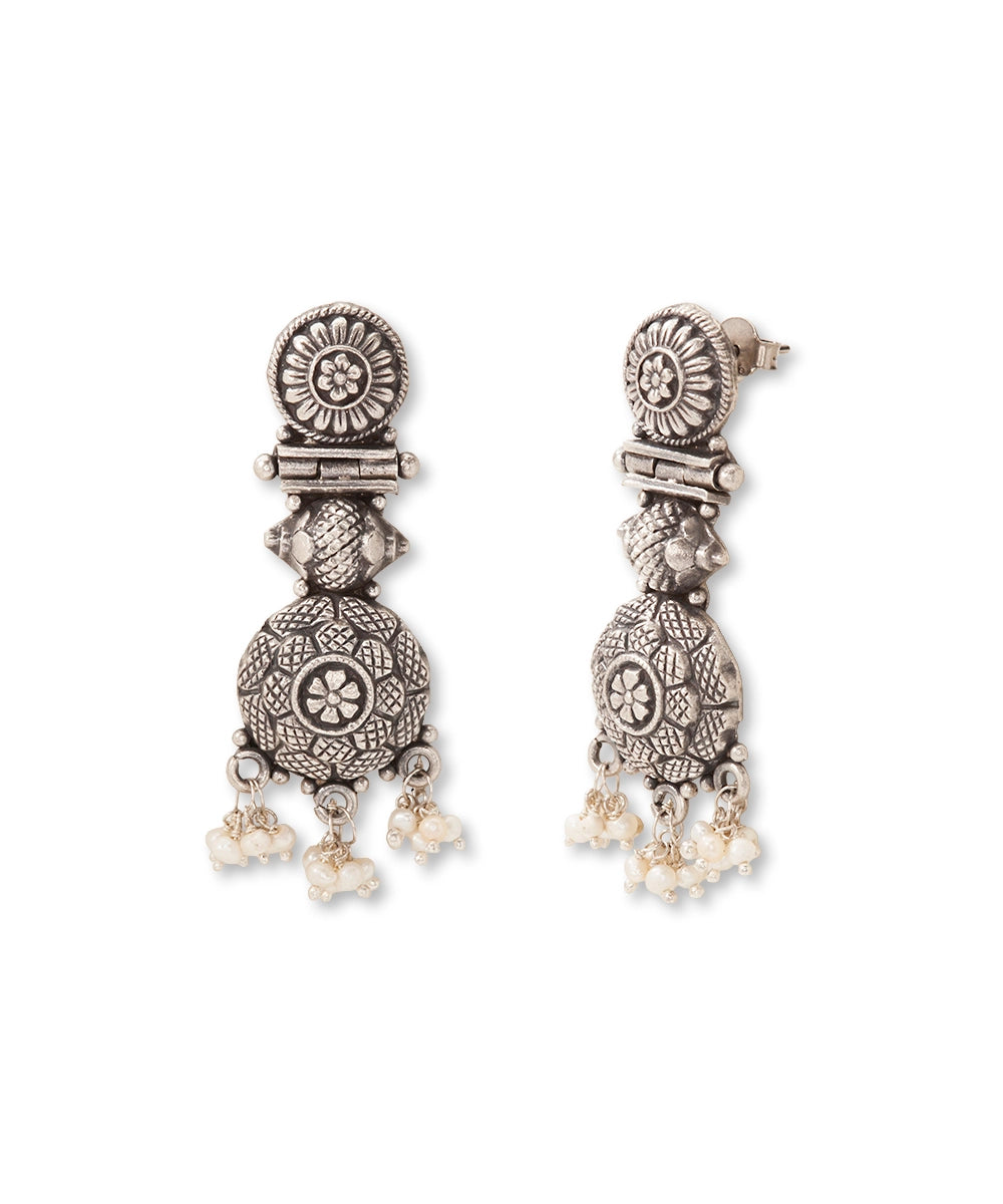 Silver Bohemian Statement Earrings with Pearl Fringe