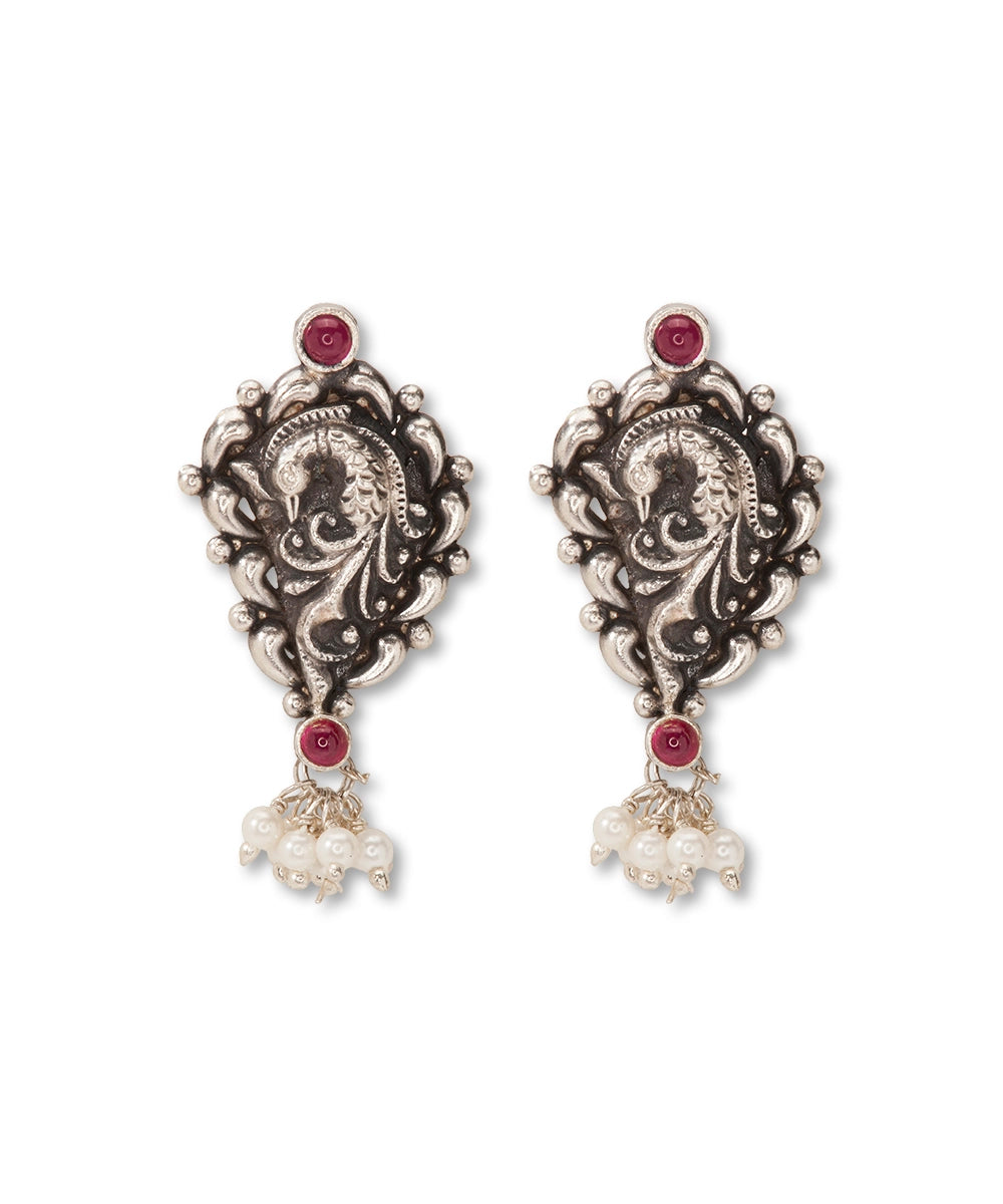 Silver Tribal Style Oxidized  Pearl Drops