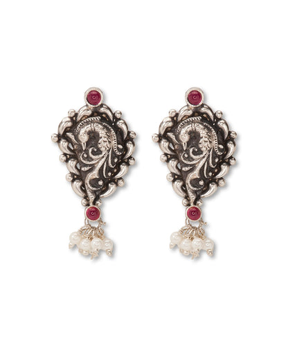 Silver Tribal Style Oxidized  Pearl Drops