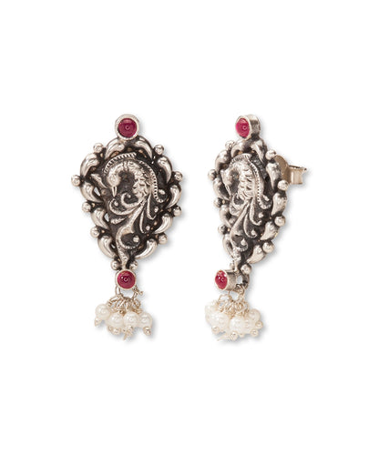 Silver Tribal Style Oxidized  Pearl Drops