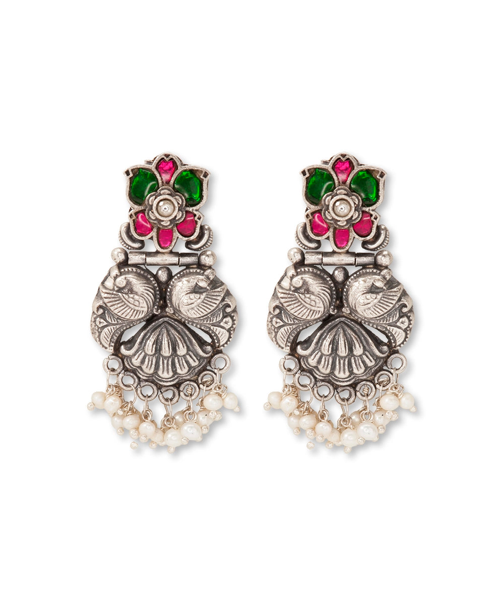 Silver Earrings with Pink/Green Kundan And Mayur Motif