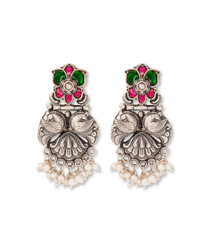 Silver Earrings with Pink/Green Kundan And Mayur Motif