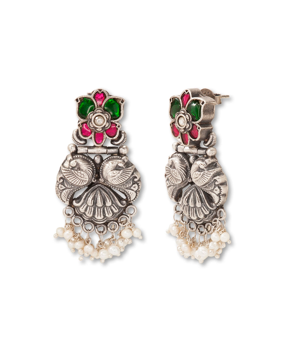 Silver Earrings with Pink/Green Kundan And Mayur Motif