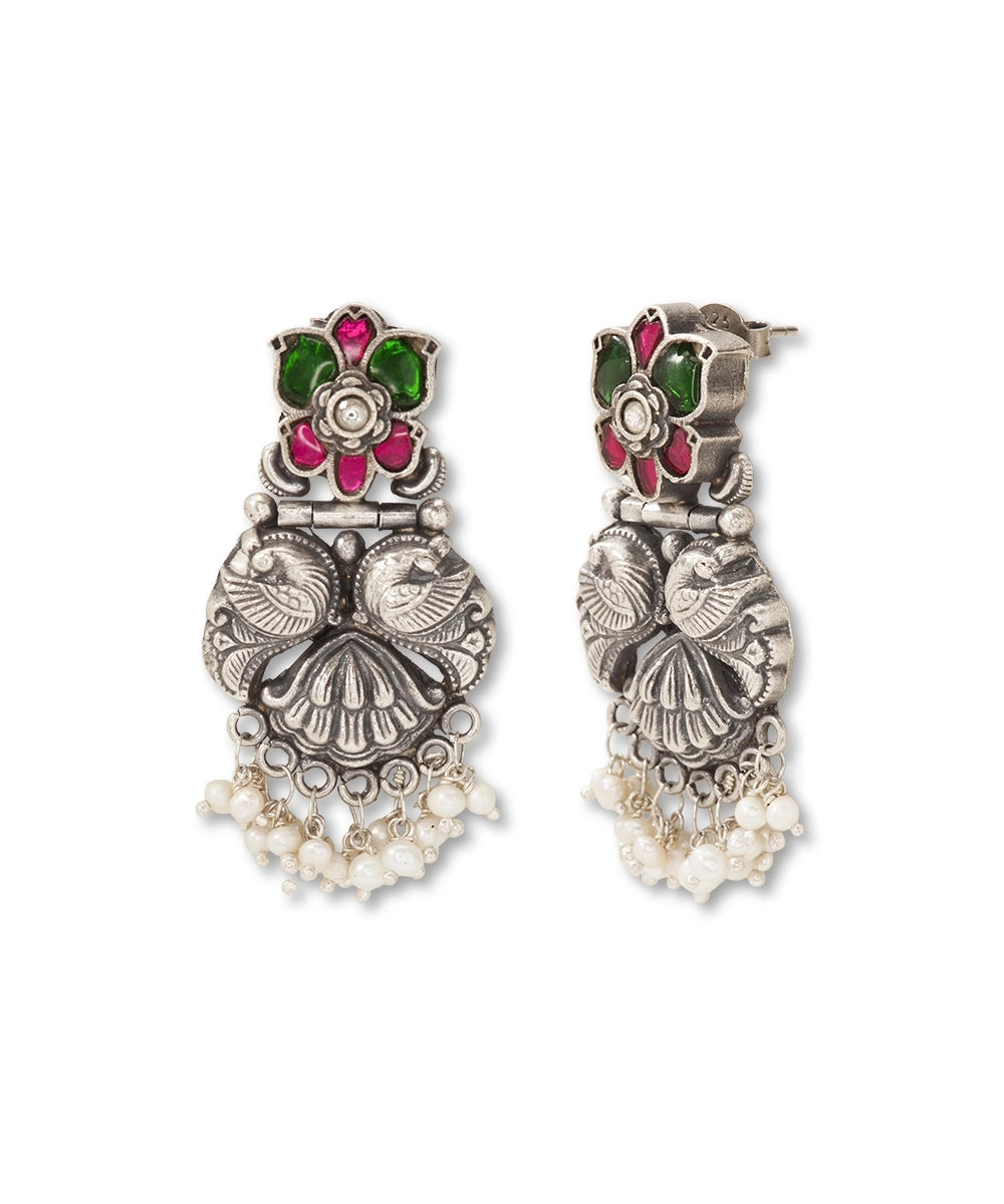 Silver Earrings with Pink/Green Kundan And Mayur Motif