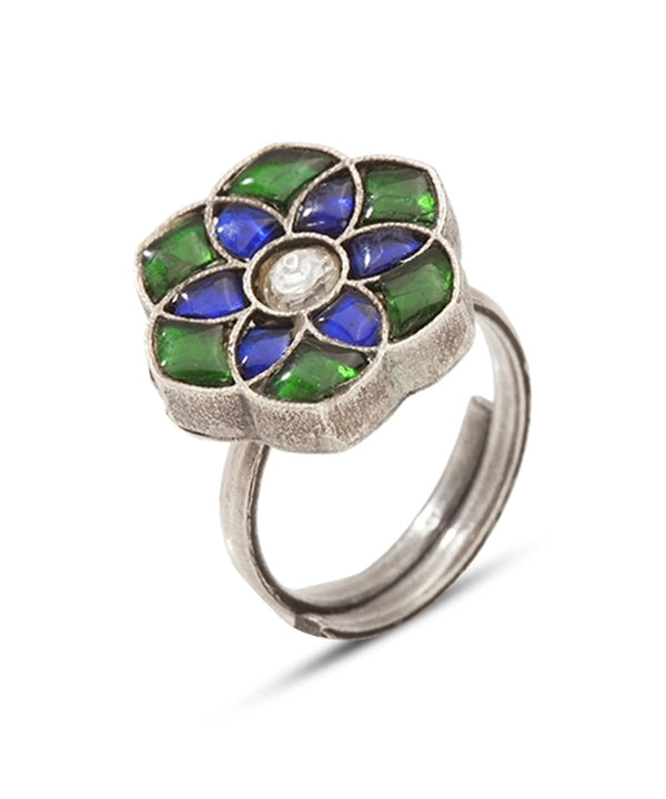 Silver Blue and Green Flower Adjustable Ring