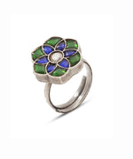 Silver Blue and Green Flower Adjustable Ring