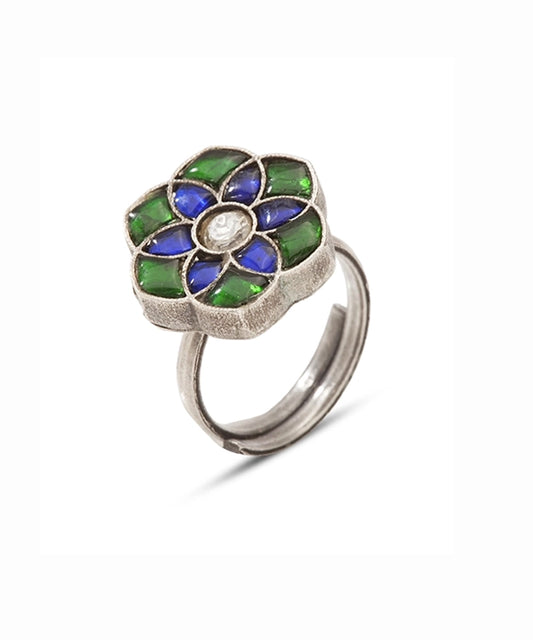 Silver Blue and Green Flower Adjustable Ring