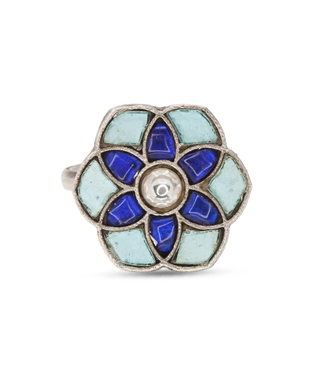 Silver Blue and Green Flower Adjustable Ring