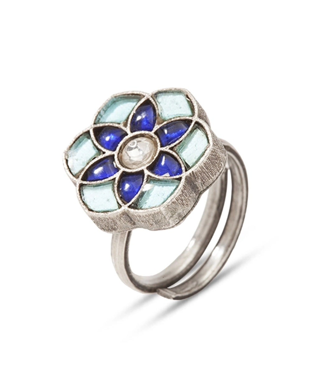 Silver Dual-Tone Blue Flower Adjustable Ring