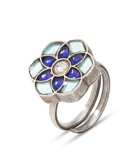 Silver Dual-Tone Blue Flower Adjustable Ring