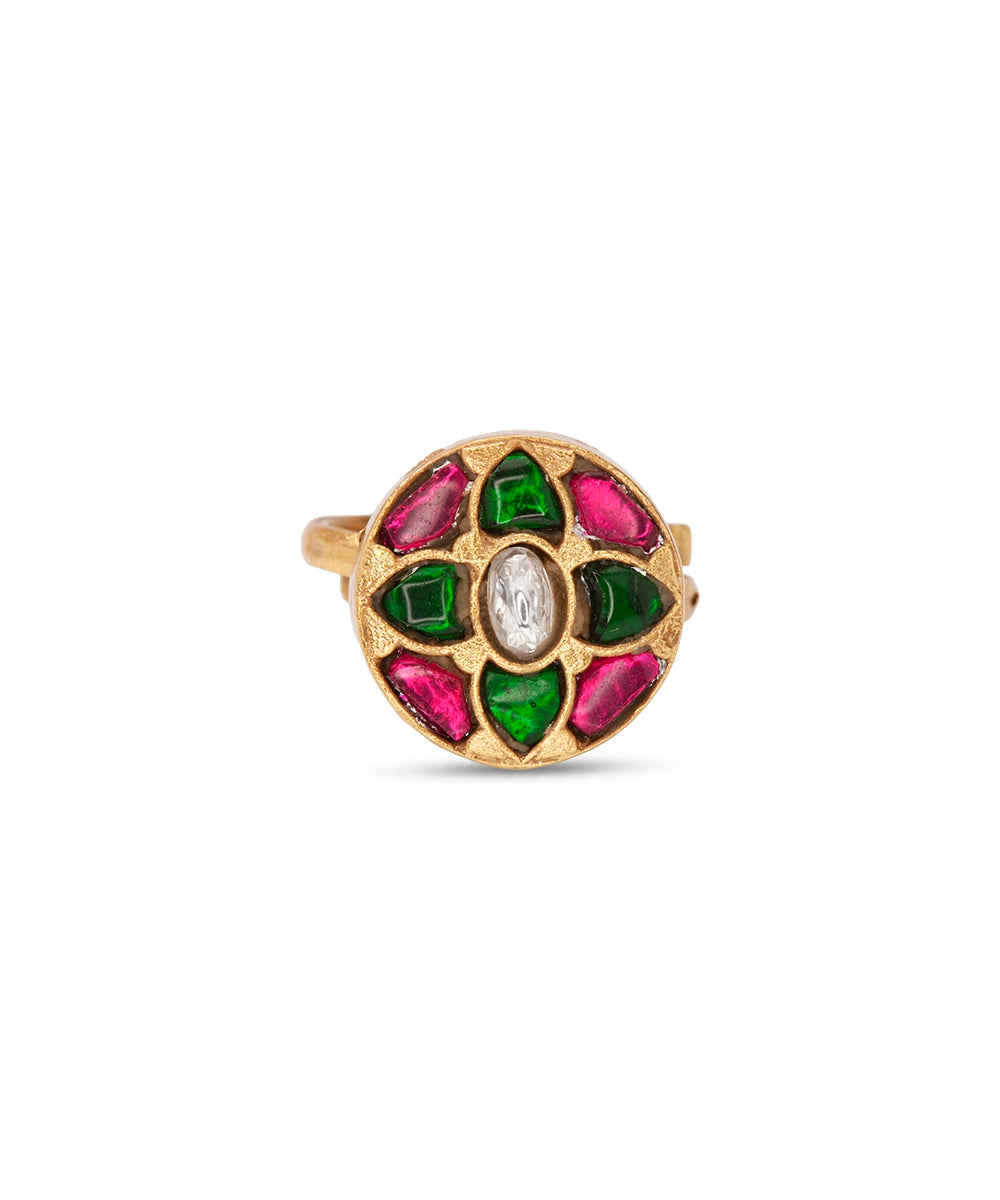 Silver Traditional Floral Ring In  Kundan