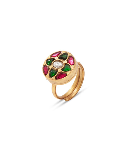 Silver Traditional Floral Ring In  Kundan