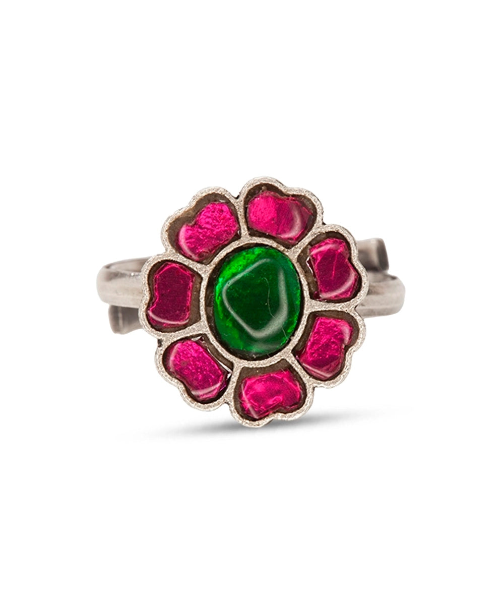 Silver Kundan Floral Adjustable Ring