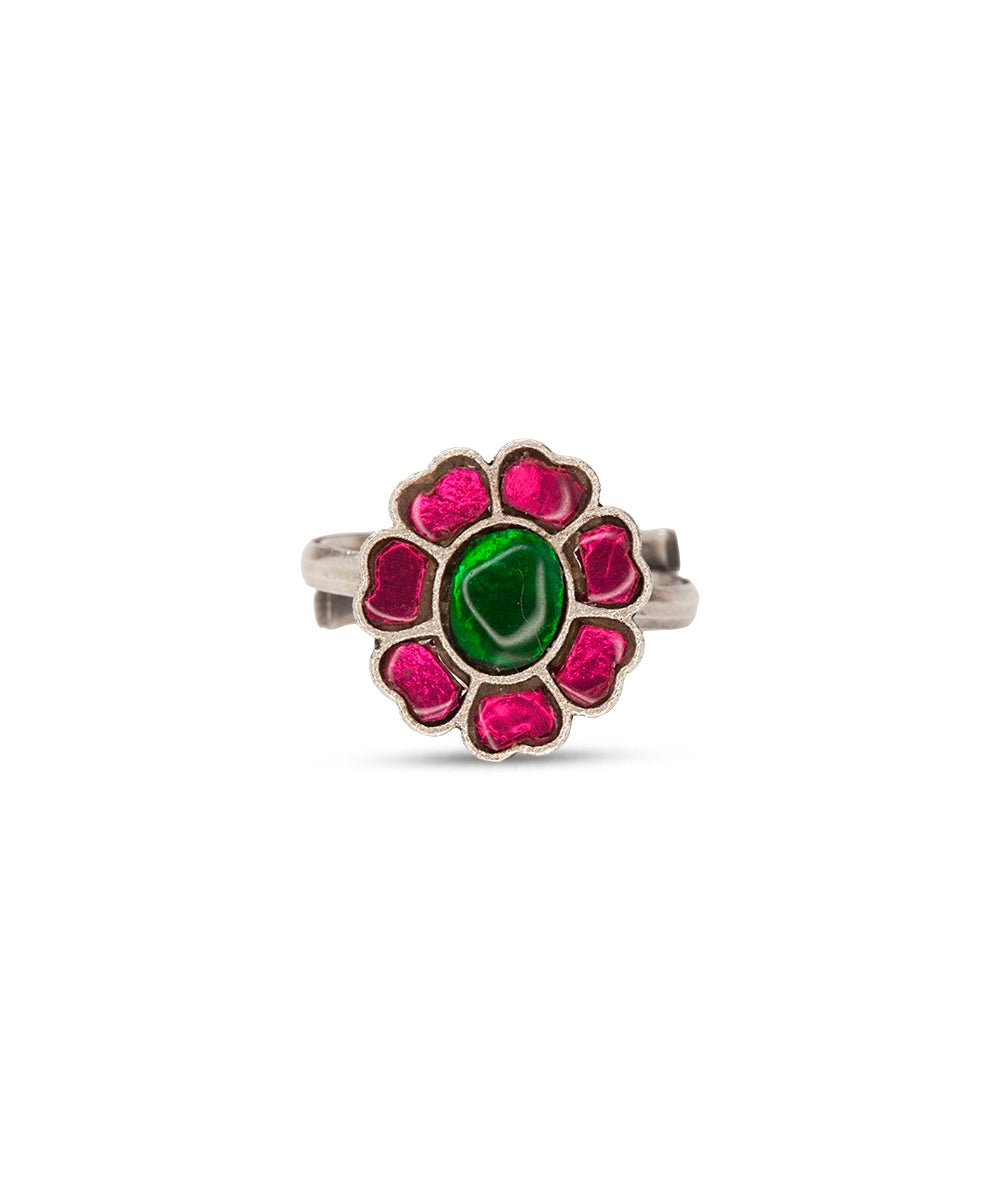 Silver Kundan Floral Adjustable Ring