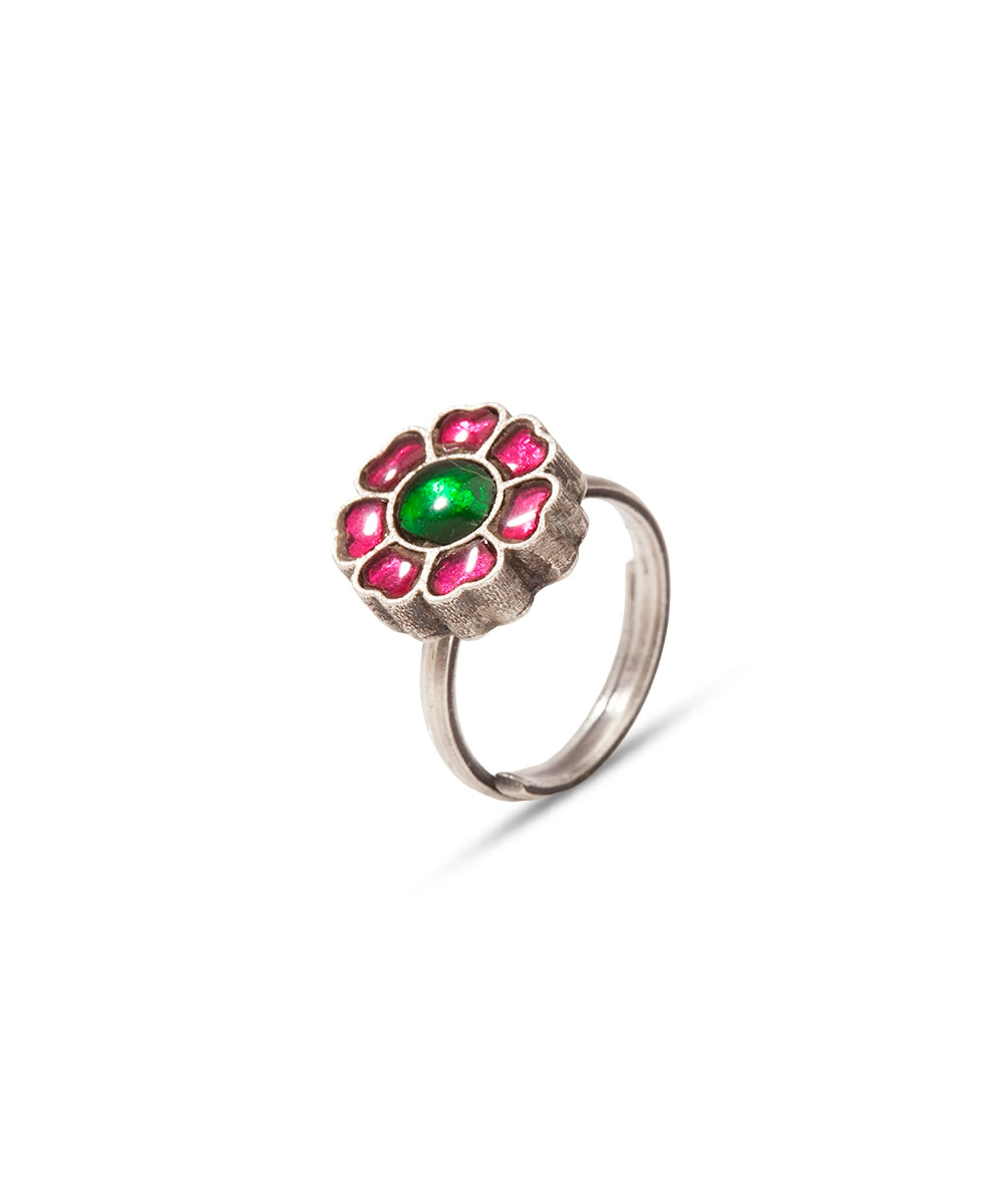Silver Kundan Floral Adjustable Ring