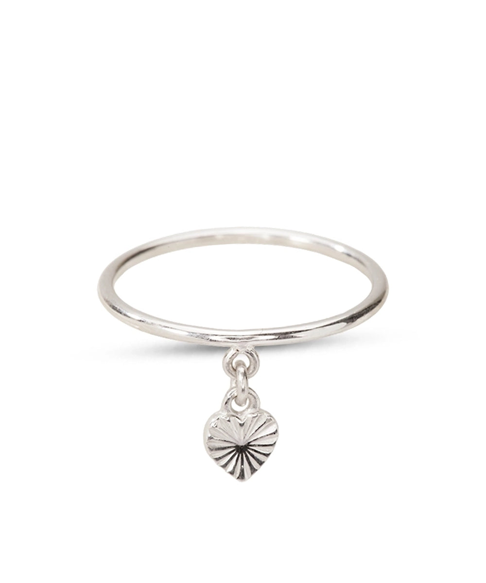 Silver Band Ring with Sunburst Textured Dangle Heart