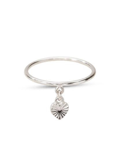 Silver Band Ring with Sunburst Textured Dangle Heart