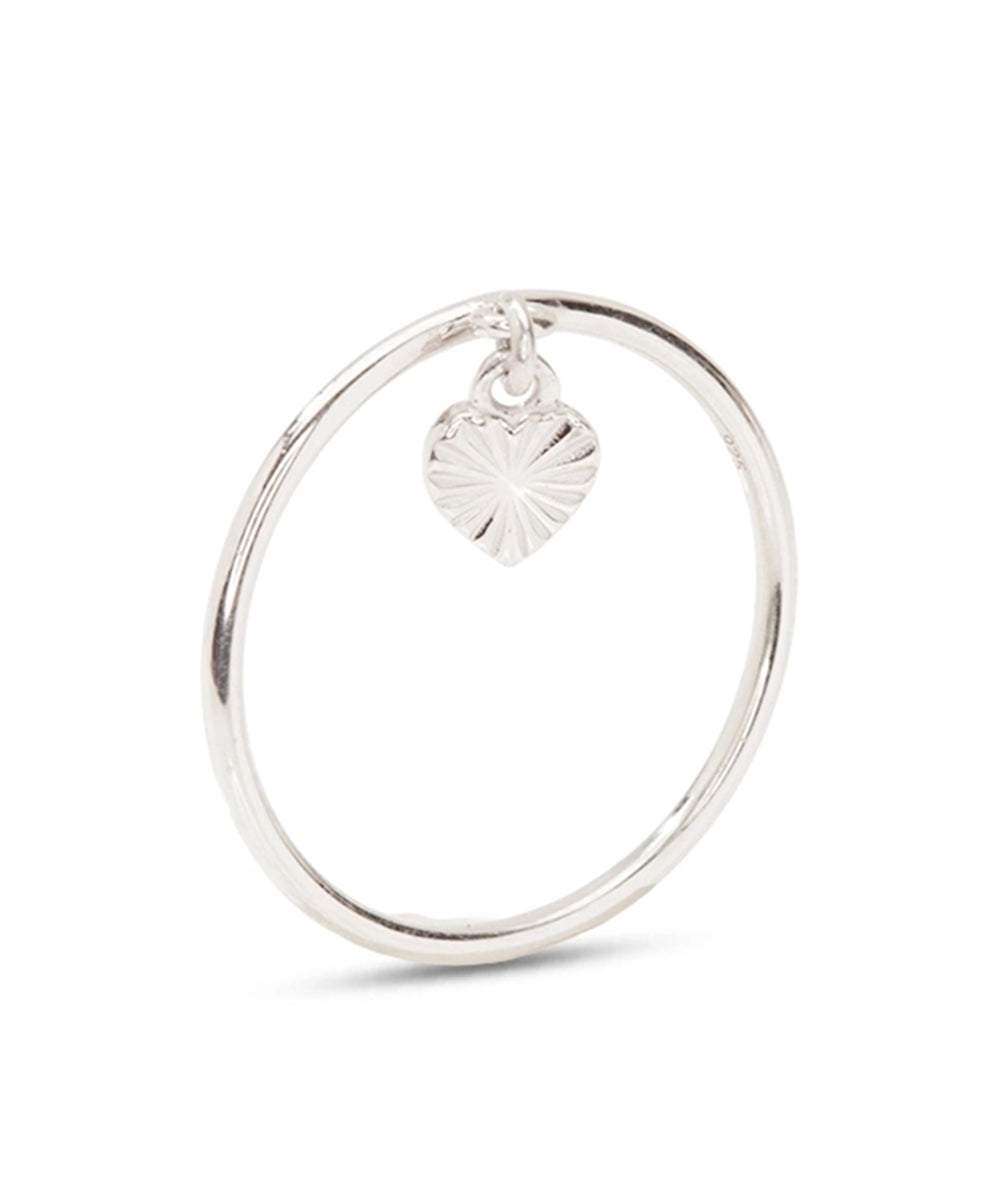 Silver Band Ring with Sunburst Textured Dangle Heart
