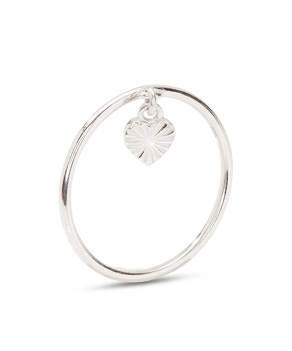 Silver Band Ring with Sunburst Textured Dangle Heart