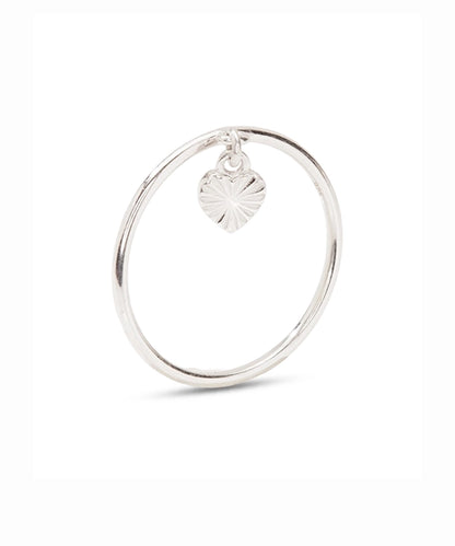Silver Band Ring with Sunburst Textured Dangle Heart