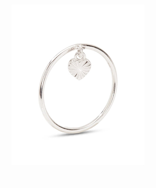 Silver Band Ring with Sunburst Textured Dangle Heart