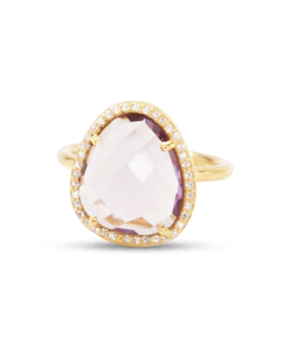 Silver Gold Plated Teardrop Amethyst and CZ Halo Ring