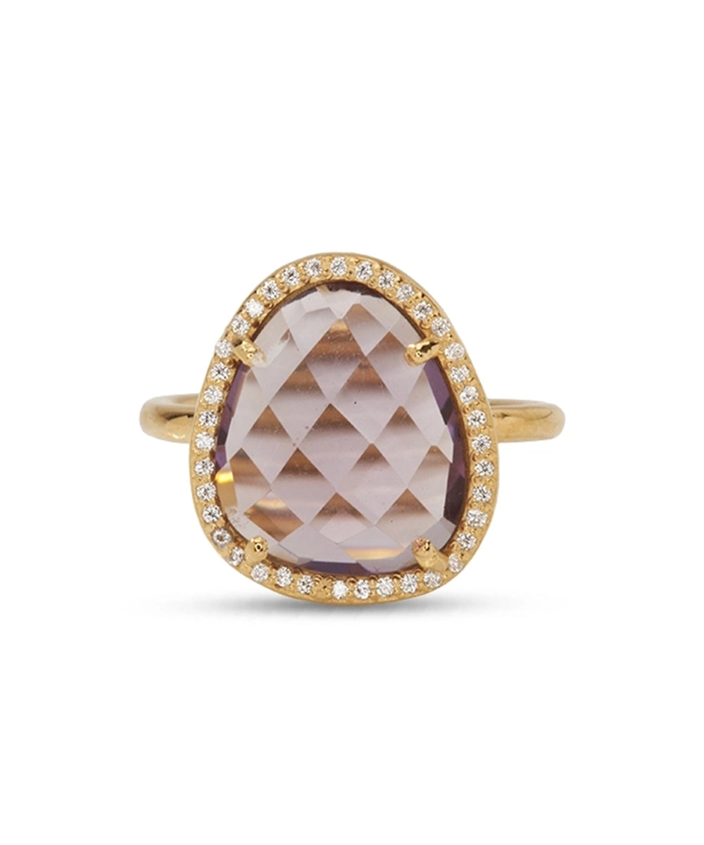 Silver Gold Plated Teardrop Amethyst and CZ Halo Ring