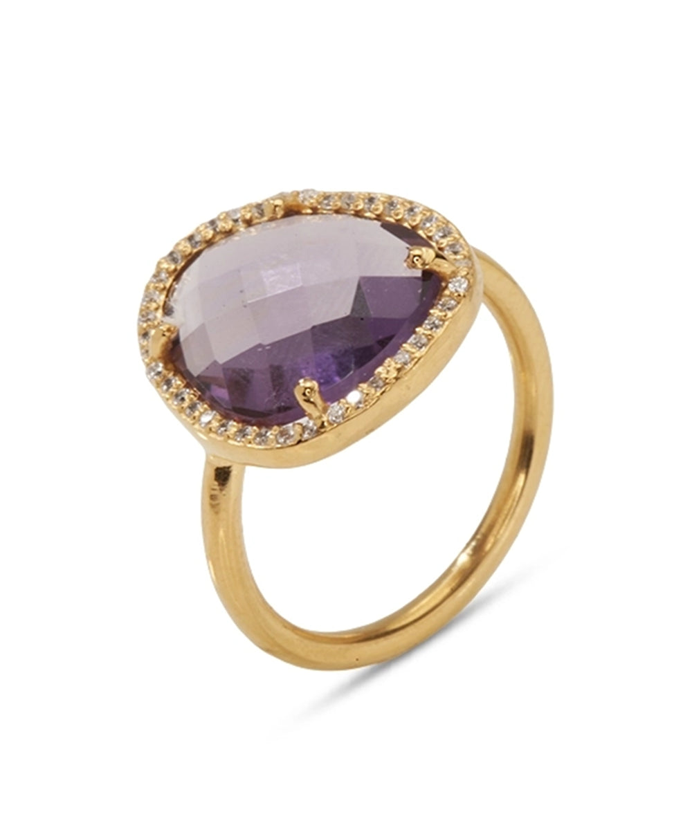 Silver Gold Plated Teardrop Amethyst and CZ Halo Ring
